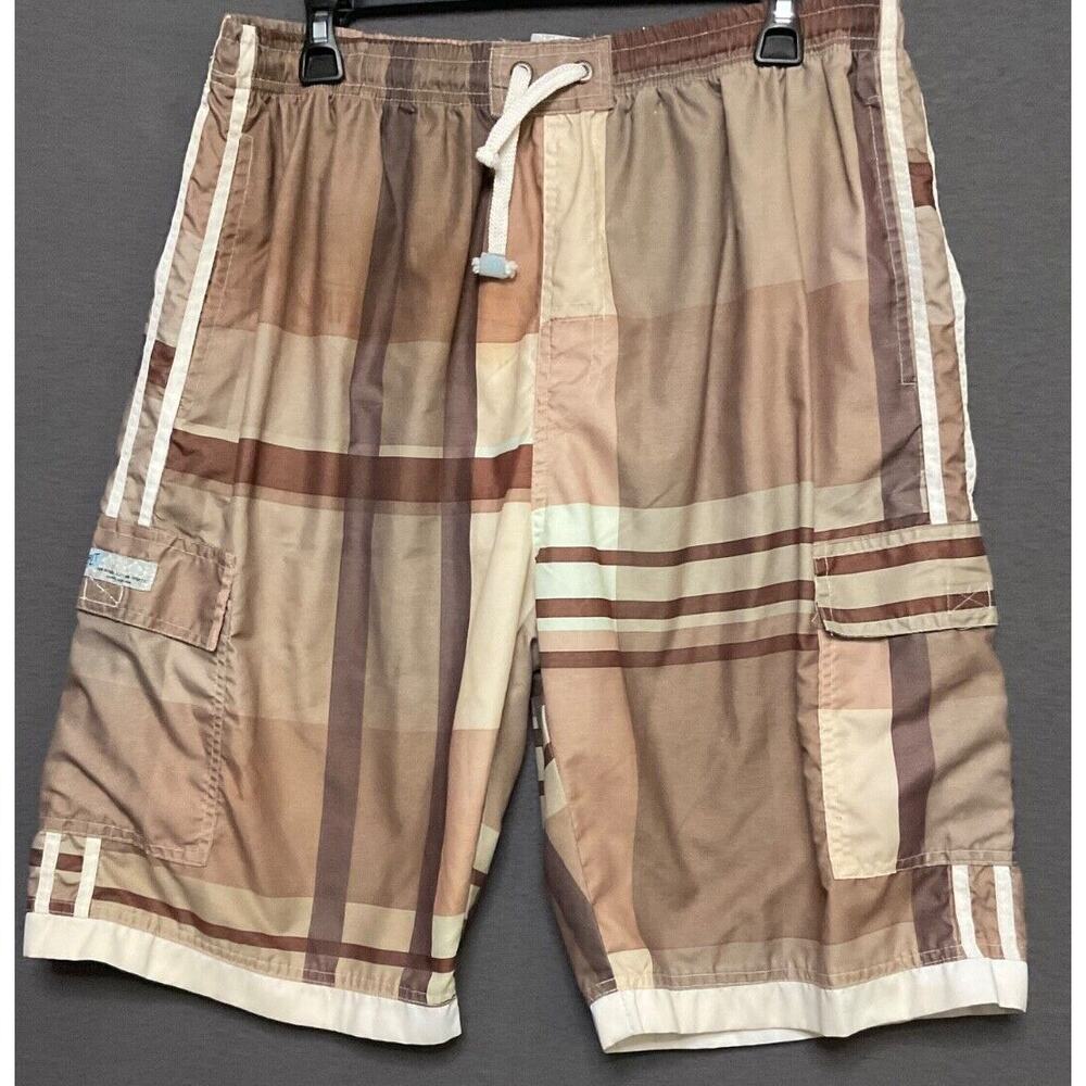 Banana‎ Split XL Swim Shorts Brown Plaid Cargo Elastic Waist Mesh Lining